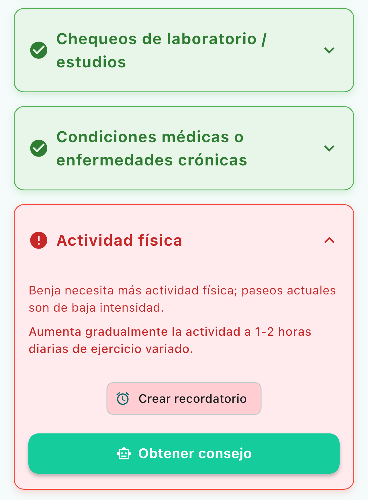 Captura del reporte de salud de Ruffo mostrando consejos personalizados, indicadores y estado general de la mascota.