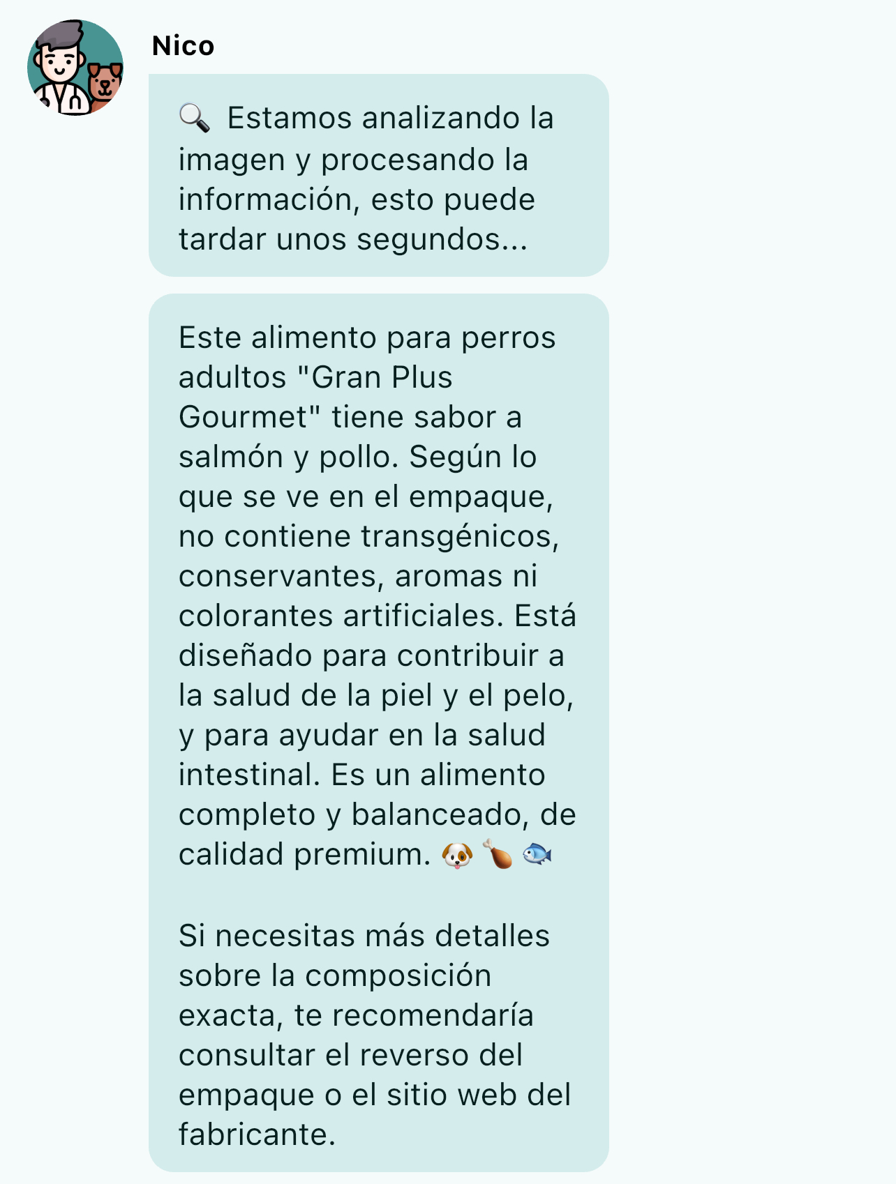 Respuesta del veterinario virtual de Ruffo indicando que cómo es el alimento para perros.