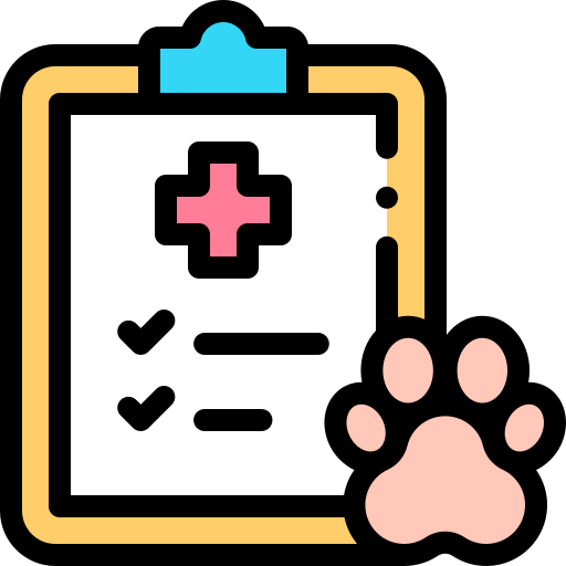 Ícono de historia clínica veterinaria con una planilla médica y una huella de mascota, representando el registro de salud digital en Ruffo.