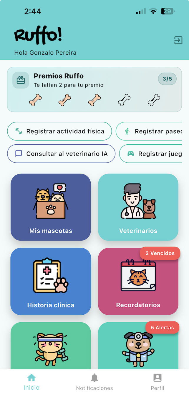 Pantalla principal del home de la app Ruffo con acceso a funciones de cuidado de mascotas