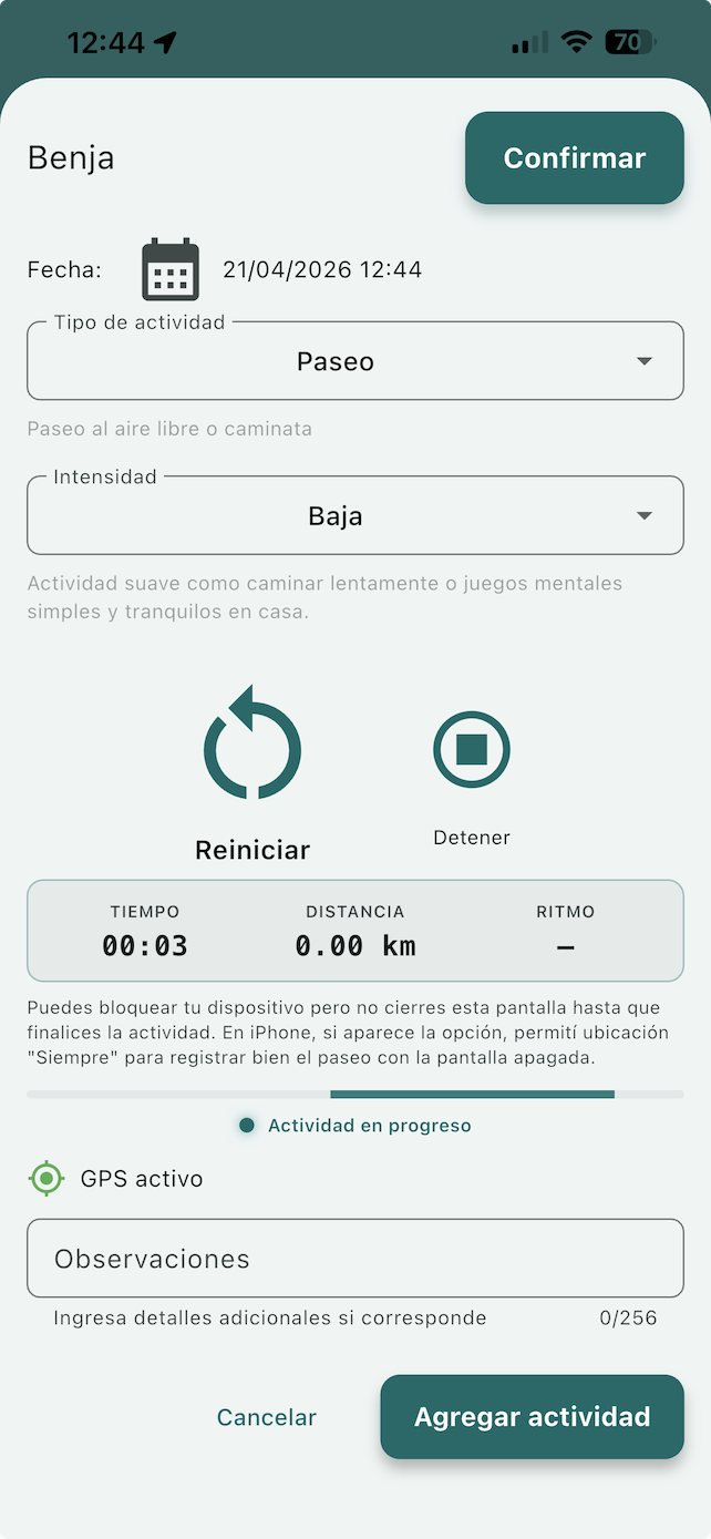 Pantalla de inicio de actividad física de mascota en la app Ruffo
