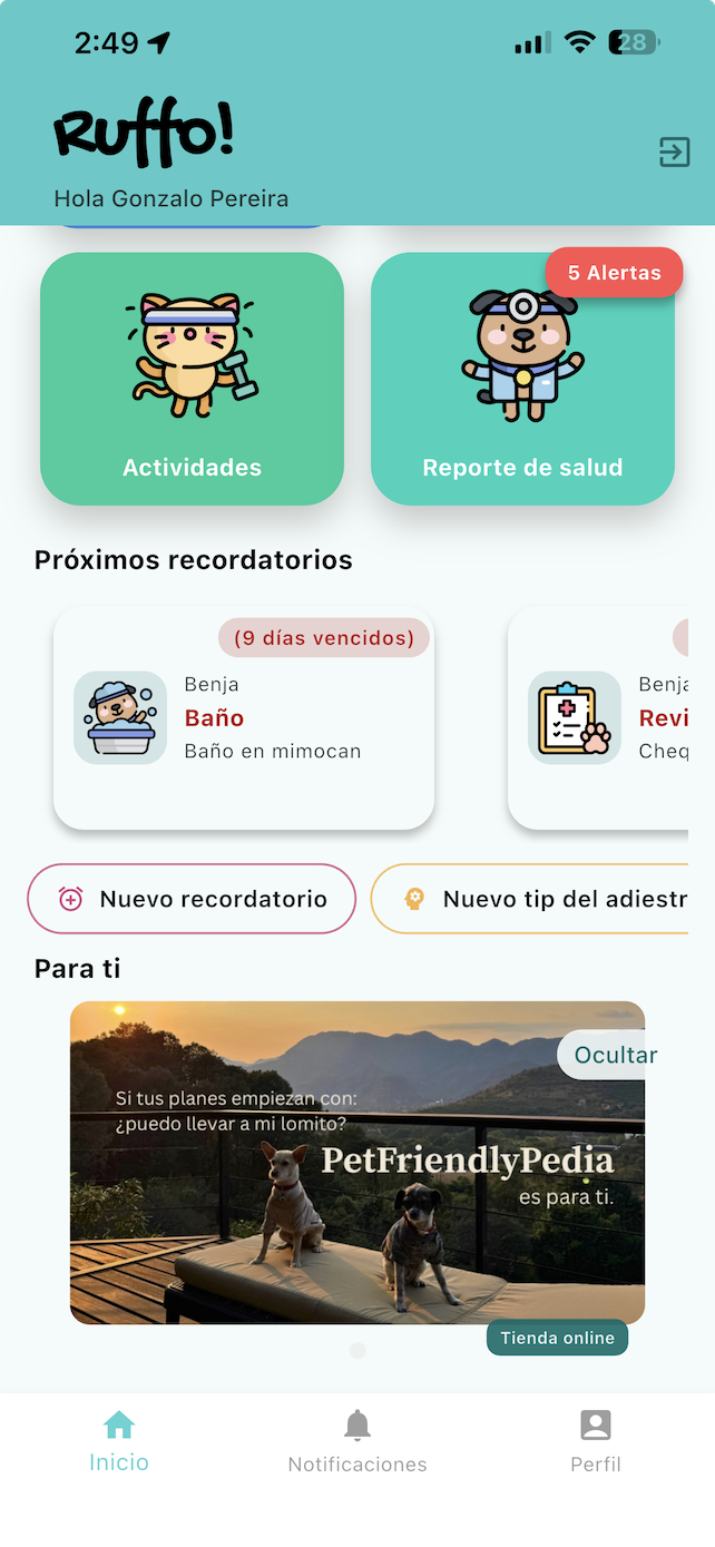 Pantalla de la app Ruffo con accesos rápidos a diferentes funcionalidades del cuidado de mascotas