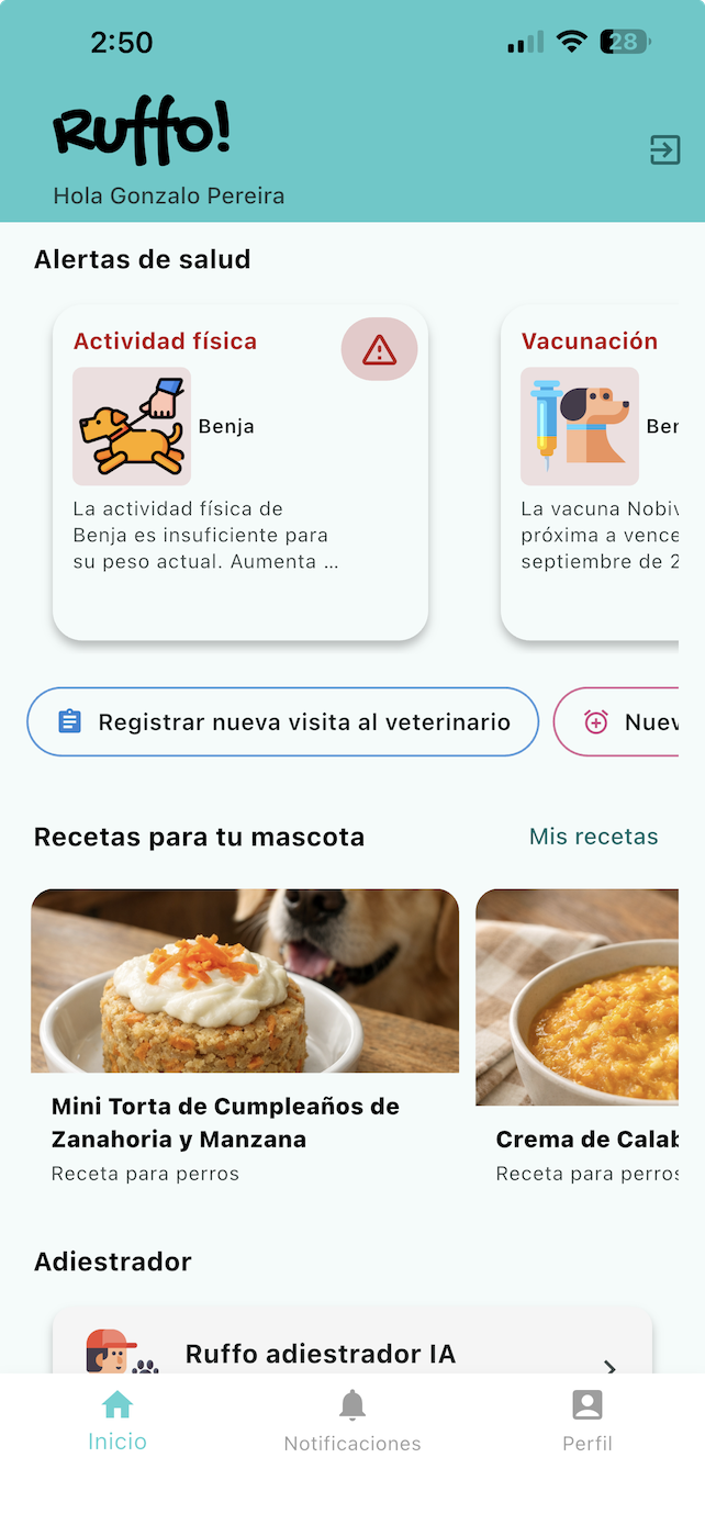 Pantalla de la app Ruffo con accesos rápidos a diferentes funcionalidades del cuidado de mascotas