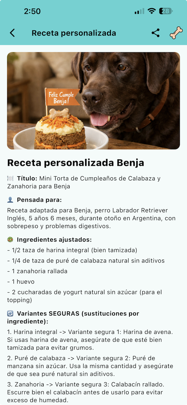 Pantalla de la app Ruffo mostrando recetas personalizadas para la alimentación de una mascota