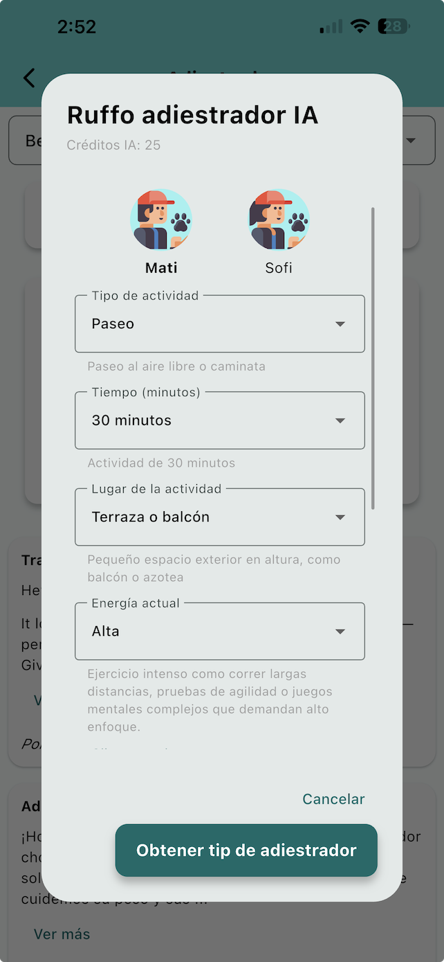Pantalla de la app Ruffo mostrando actividades y entrenamiento personalizados para mascotas según contexto